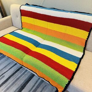 Handmade Crochet Knit Afghan Couch Throw Blanket Striped Rainbow Colorful Retro